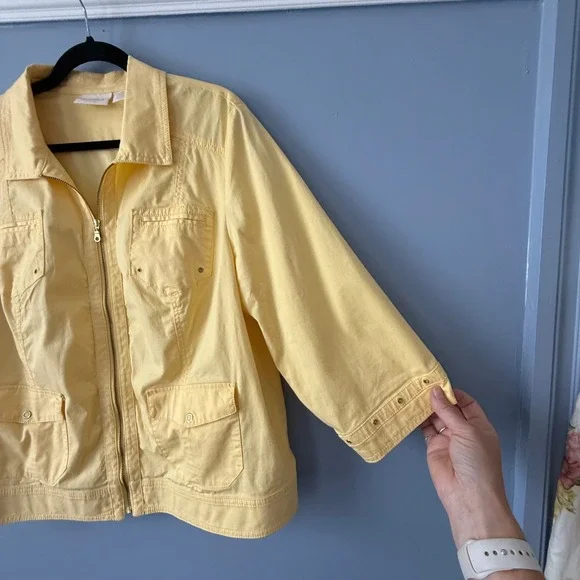 Chico's Size 3 XL Yellow 3/4 Sleeve lightweight unlined Full Zip Pockets - Picture 3 of 9